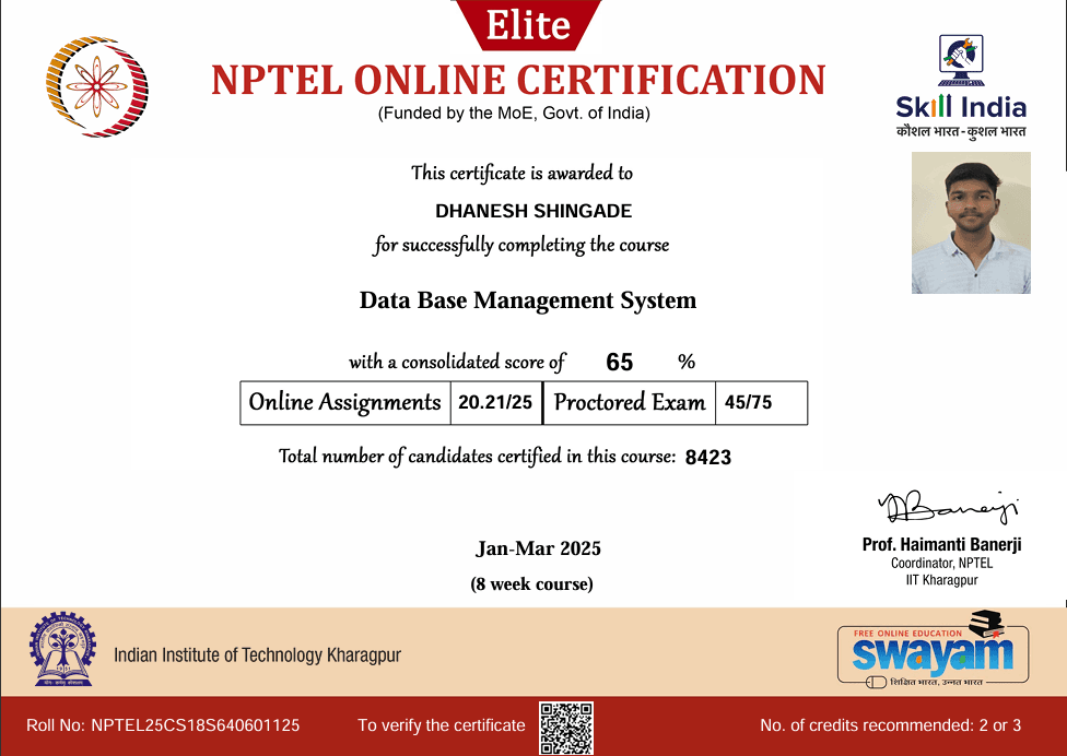 NPTEL Data Base Management System (DBMS) Certification
